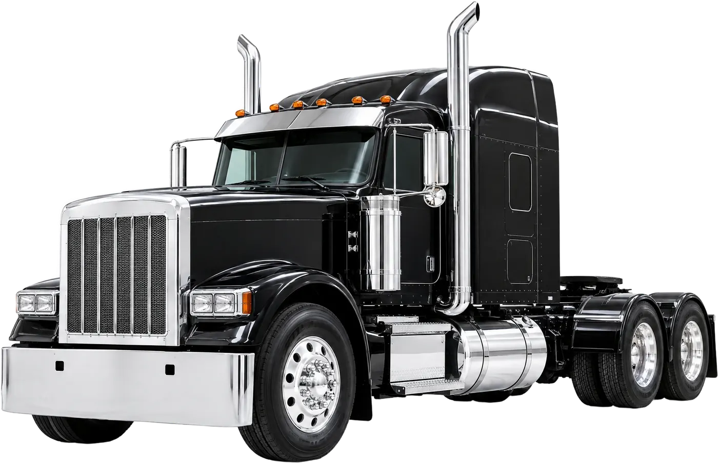 Black long-hood semi truck with chrome grille and stacks, studio lit