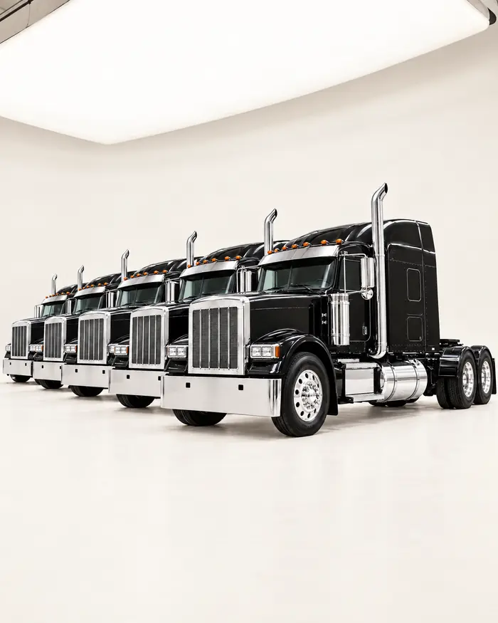 A row of identical black semi trucks in a studio